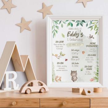 Geburtstagsposter "Waldtiere" | Geschenk 1. Geburtstag | Meilensteintafel | Einschulung | Personalisiertes Geschenk