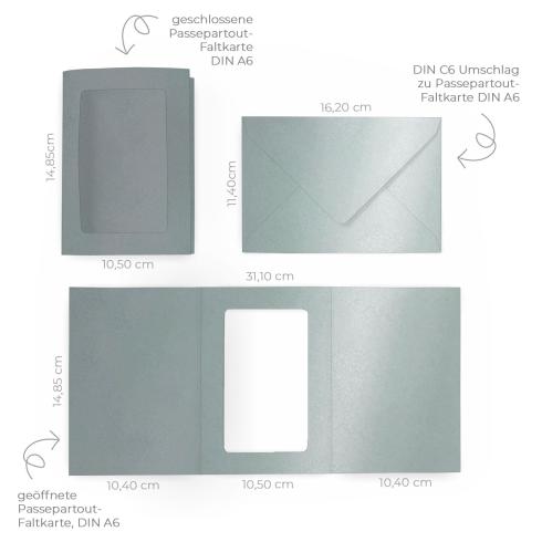 Passepartoutkarte mit rechteckigem Ausschnitt und Briefumschlag, DIN C6 in metallic platin