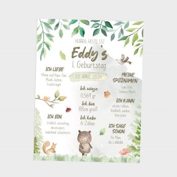 Preview: Geburtstagsposter "Waldtiere" | Geschenk 1. Geburtstag | Meilensteintafel | Einschulung | Personalisiertes Geschenk