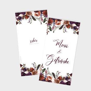 Preview: Menü- und Getränke "Boho Violett-Flower" DIN Lang Klappkarte