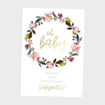 Preview: Metallicposter "Babyparty Blumenkranz" | Goldposter | Willkommensschild | Personalisiertes Poster 