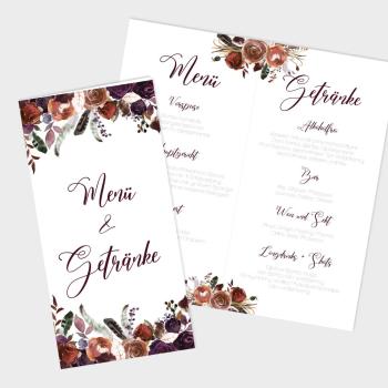 Menü- und Getränke "Boho Violett-Flower" DIN Lang Klappkarte