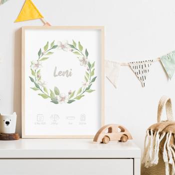 Geburtsposter "Blumenkranz" | Geburtstafel | Geburtsdaten | Geburtsbild | Geburt Geschenk