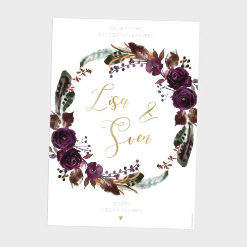 Willkommensschild "Boho Violett-Flower" 30x40 Metallic 