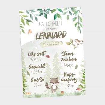Preview: Geburtsposter "Waldtiere" | Geburtstafel | Geburtsdaten | Geburtsbild | Geburt Geschenk