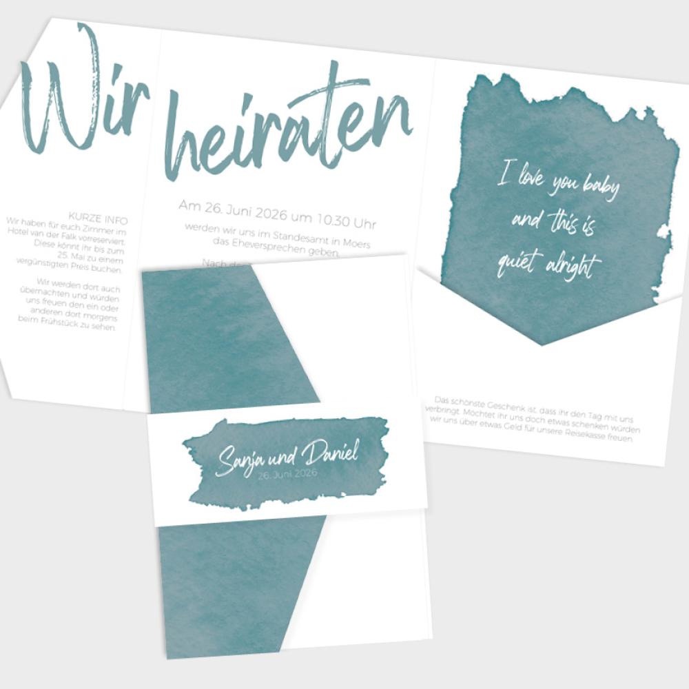 Pocketfold Einladung "Watercolor-Brush | Petrol" B6 