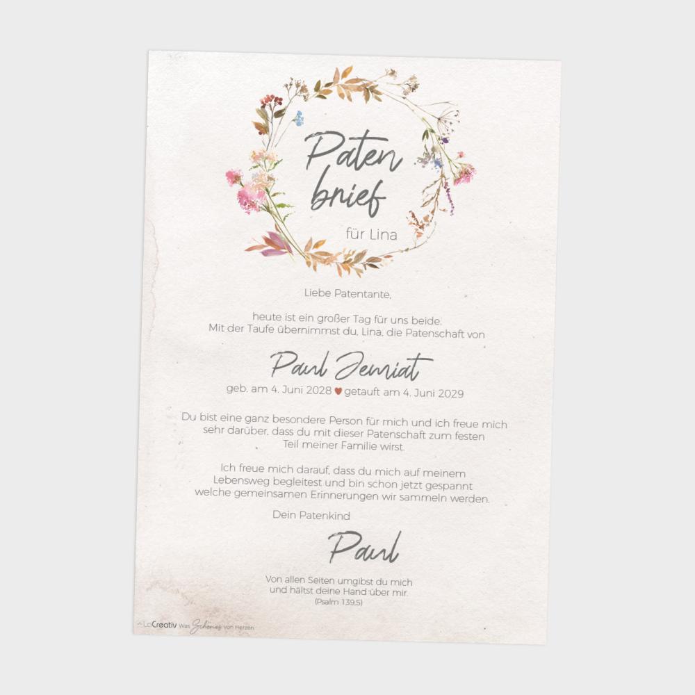 Patenbrief "Vintage Garden" | Taufgeschenk | Taufe | Patengeschenk | personalisiert