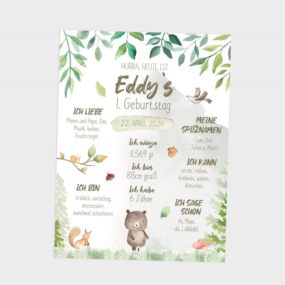 Geburtstagsposter "Waldtiere" | Geschenk 1. Geburtstag | Meilensteintafel | Einschulung | Personalisiertes Geschenk