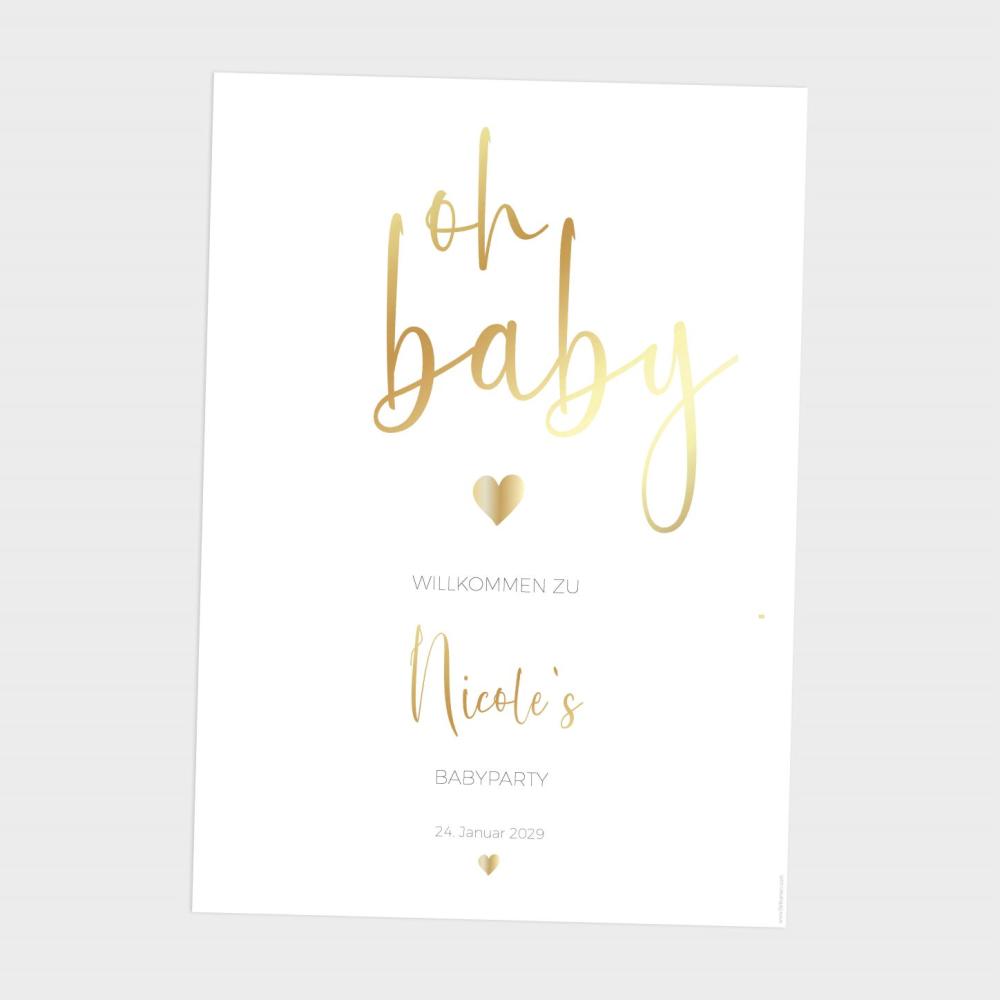 Metallicposter "Babyparty Oh Baby" | Goldposter | Willkommensschild | Personalisiertes Poster 