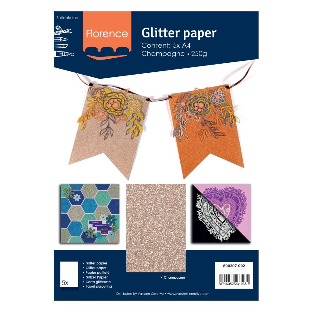  Florence - Glitzerpapier 5 Bogen A4 - Champagner - Selbstklebendes Glitzerpapier 