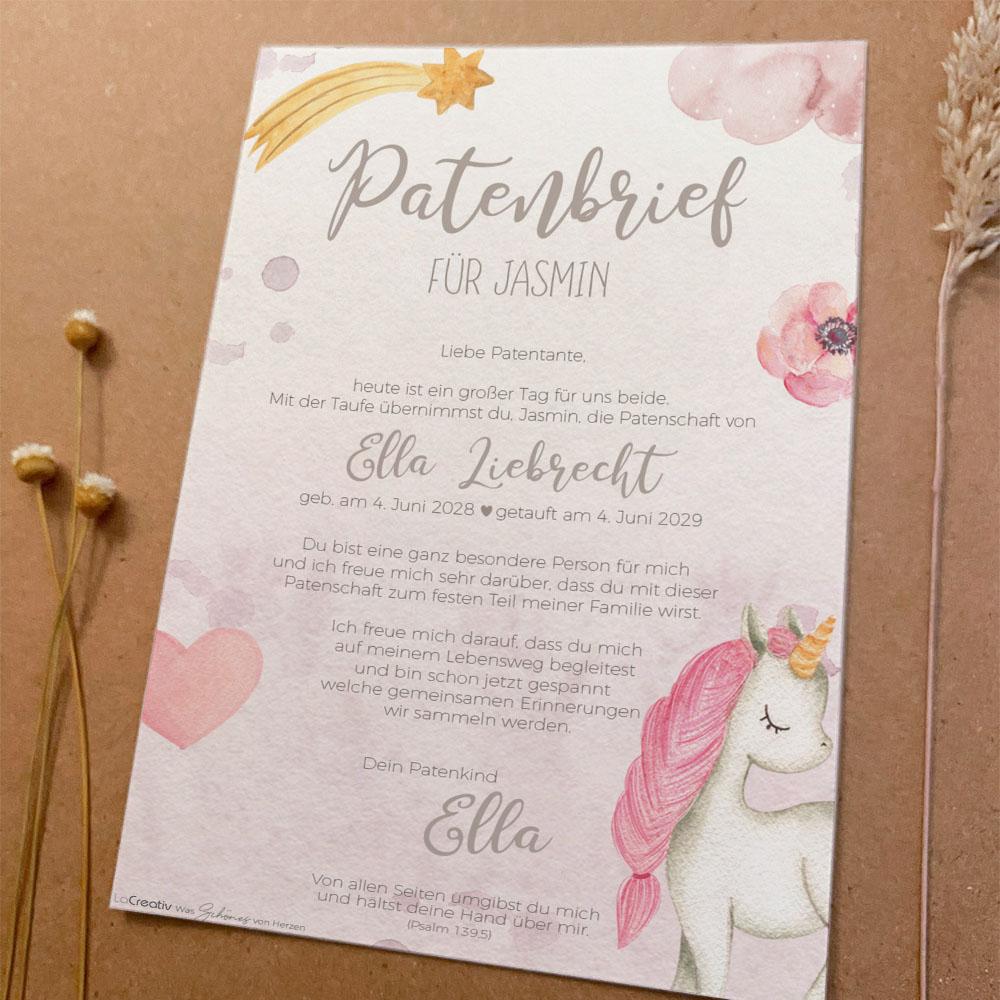 Patenbrief "Baby Unicorn" | Taufgeschenk | Taufe | Patengeschenk | personalisiert