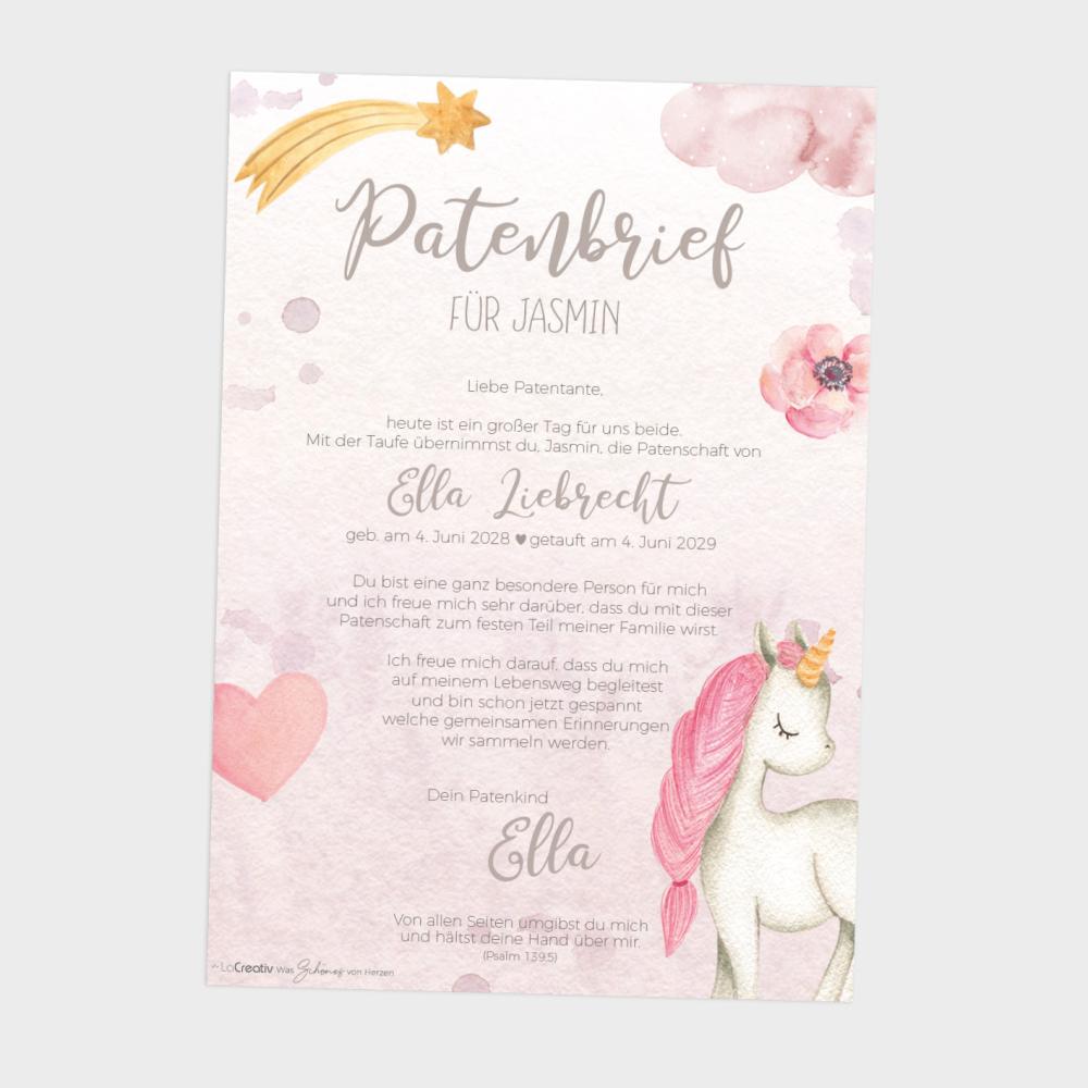 Patenbrief "Baby Unicorn" | Taufgeschenk | Taufe | Patengeschenk | personalisiert