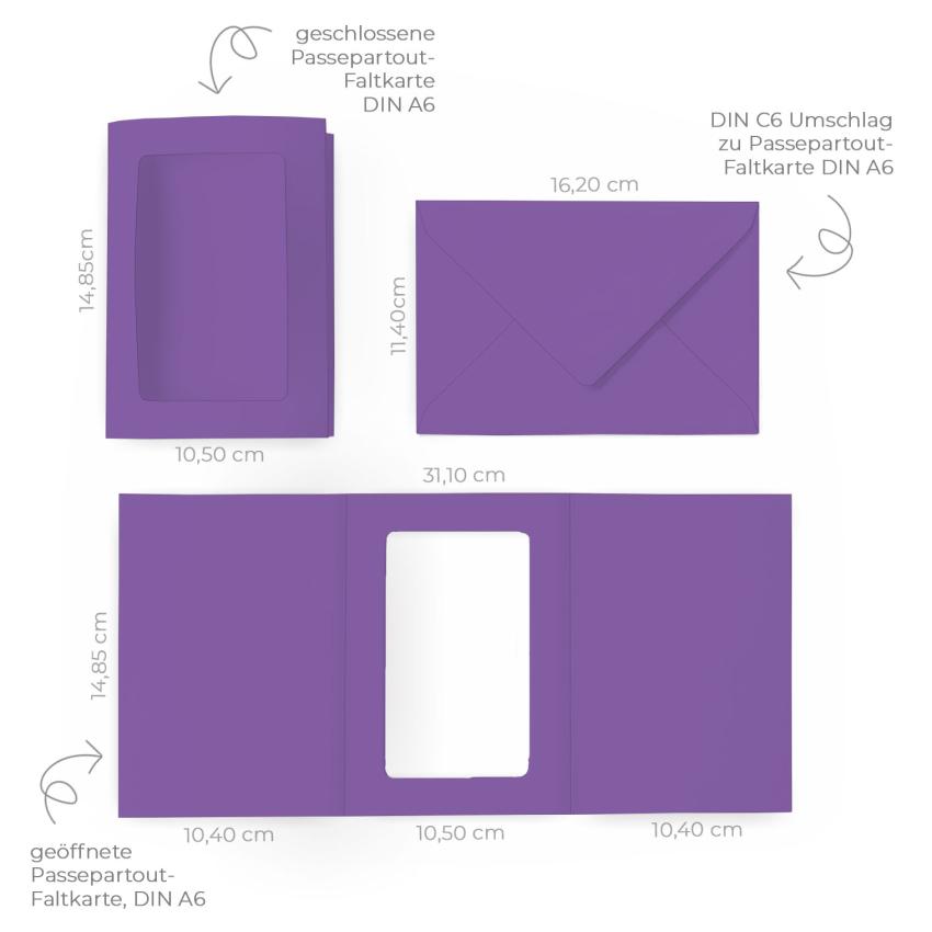 Passepartoutkarte mit rechteckigem Ausschnitt und Briefumschlag, DIN C6 in violett
