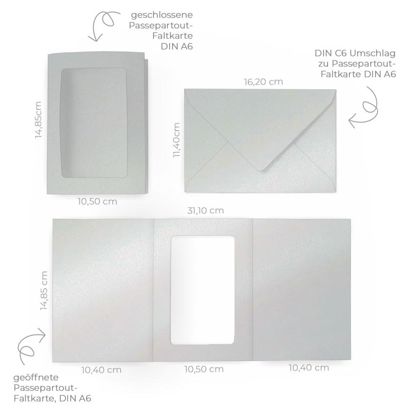 Passepartoutkarte mit rechteckigem Ausschnitt und Briefumschlag, DIN C6 in metallic perlsilber