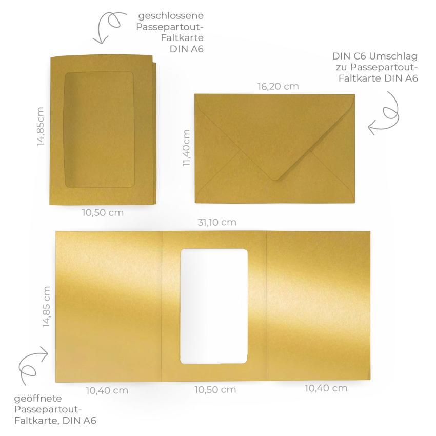 Passepartoutkarte mit rechteckigem Ausschnitt und Briefumschlag, DIN C6 in metallic gold