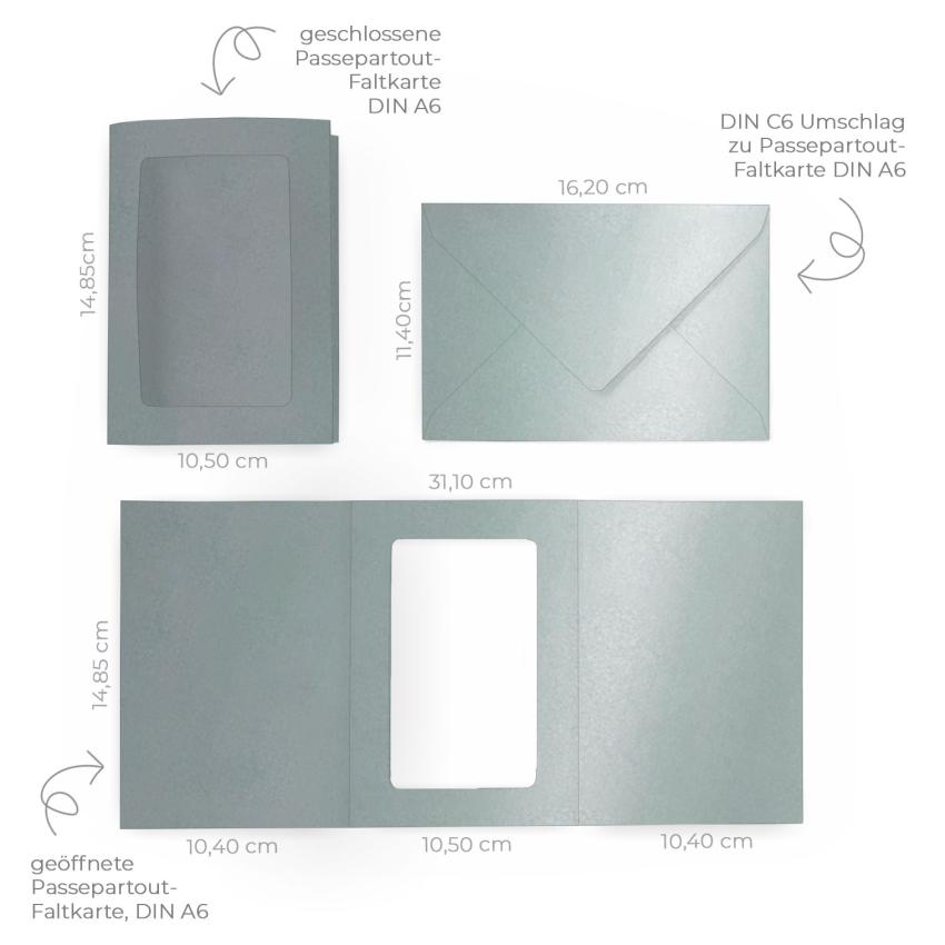 Passepartoutkarte mit rechteckigem Ausschnitt und Briefumschlag, DIN C6 in metallic platin