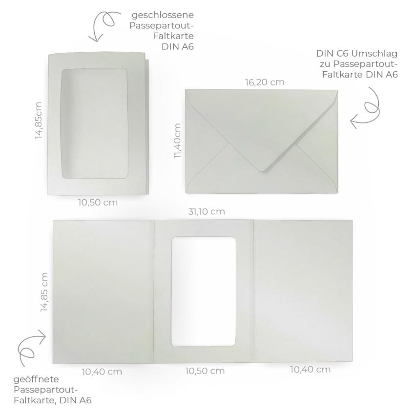 Passepartoutkarte mit rechteckigem Ausschnitt und Briefumschlag, DIN C6 in metallic polarweiss