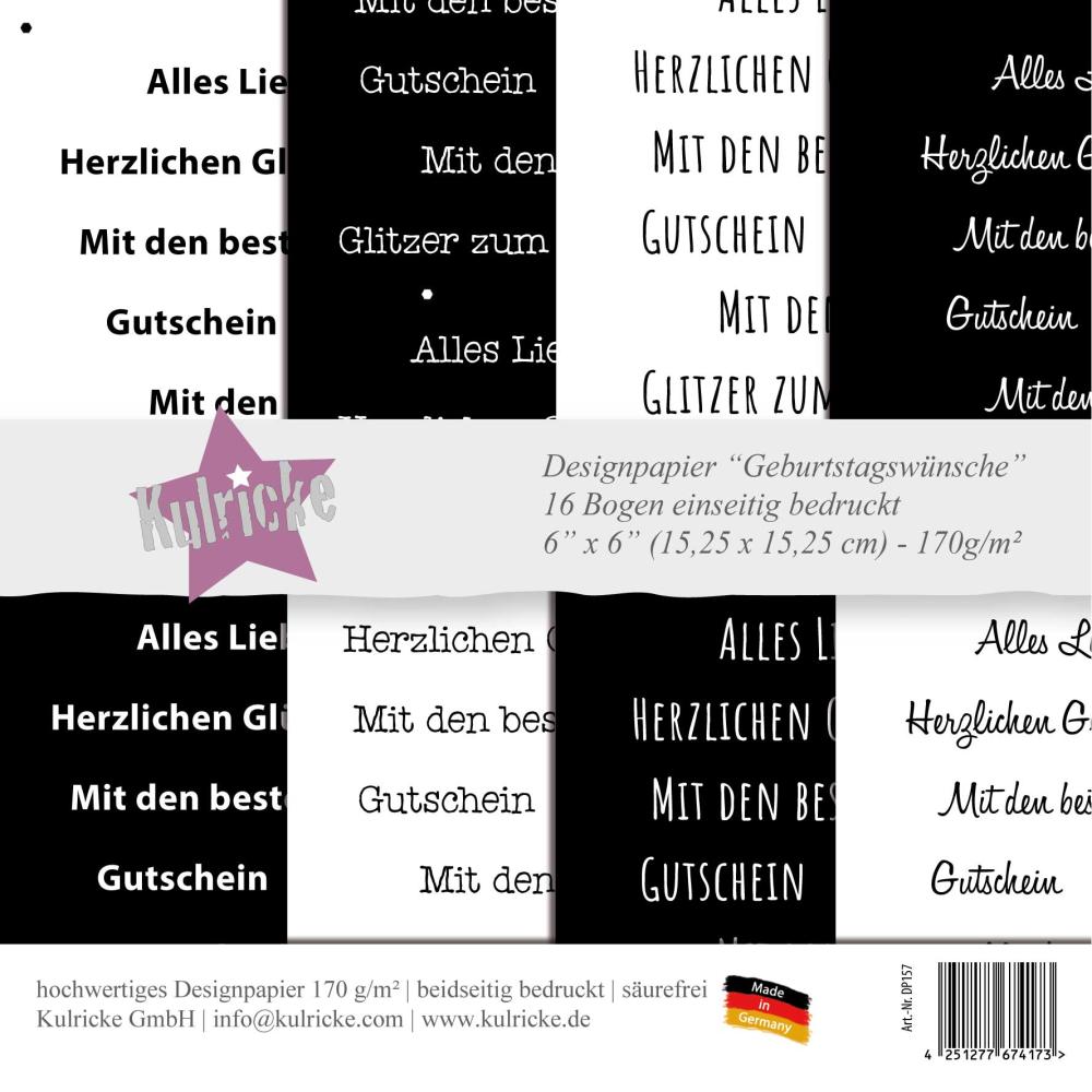 Kulricke Designpapier - "Geburtstagswünsche"  Paper Pack 6" 170g/m²