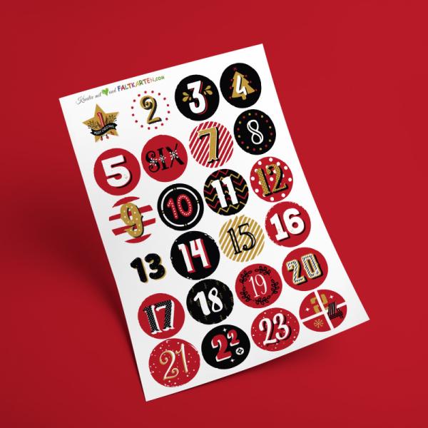 Aufkleber - Sticker 24 Stück "French Christmas - weihnachtsrot" 4cm ø | Adventskalender