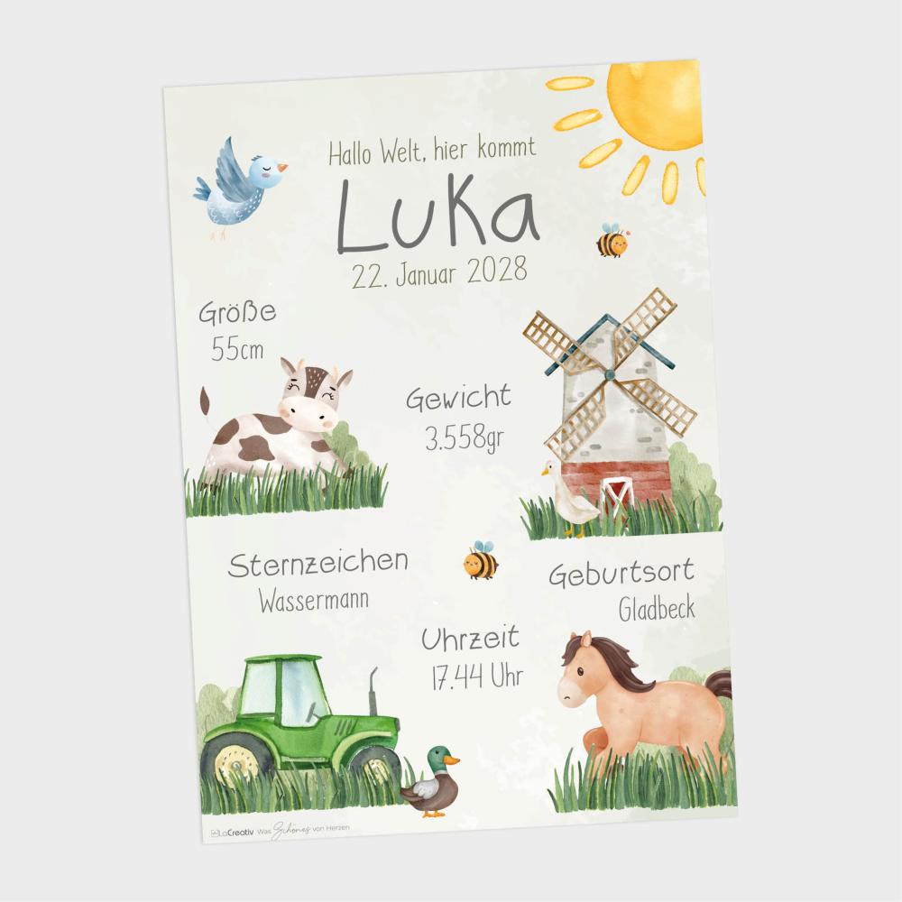 Geburtsposter "Bauernhof" | Geburtstafel | Geburtsdaten | Geburtsbild | Geburt Geschenk