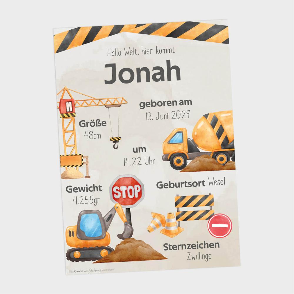 Geburtsposter "Baustelle" | Geburtstafel | Geburtsdaten | Geburtsbild | Geburt Geschenk