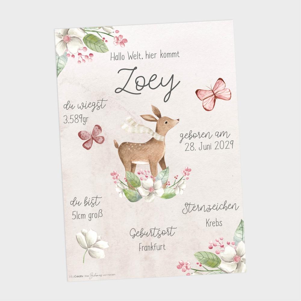 Geburtsposter "Reh" | Geburtstafel | Geburtsdaten | Geburtsbild | Geburt Geschenk