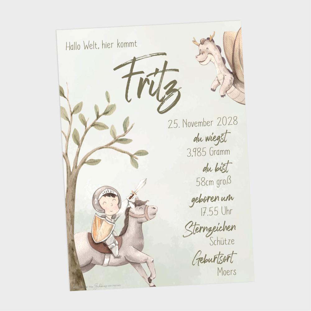 Geburtsposter "Ritter" | Geburtstafel | Geburtsdaten | Geburtsbild | Geburt Geschenk