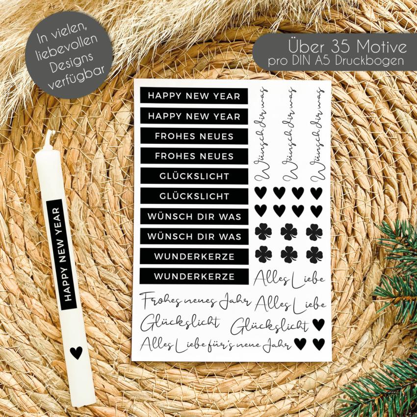Kerzentattoos "Happy new year" DIN A5 | Kerzensticker | Wasserschiebefolie | Kerzenaufkleber