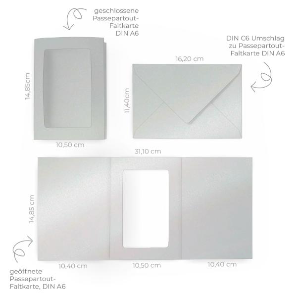 Passepartoutkarte mit rechteckigem Ausschnitt und Briefumschlag, DIN C6 in metallic perlsilber