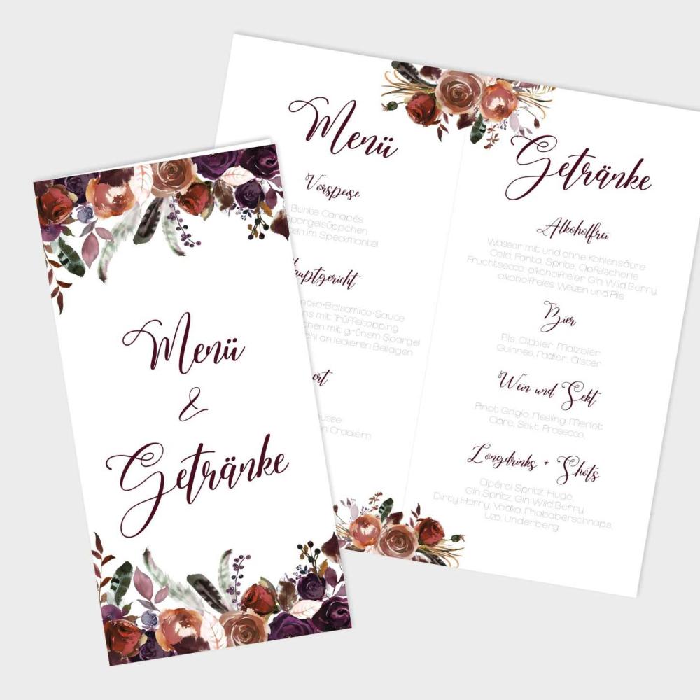Menü- und Getränke "Boho Violett-Flower" DIN Lang Klappkarte