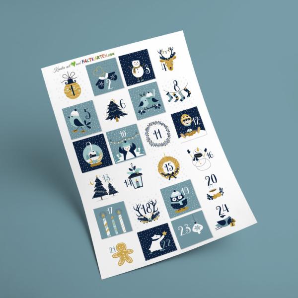 Aufkleber - Sticker 24 Stück "Modern - petrol nachtblau" 4cm ø | Adventskalender