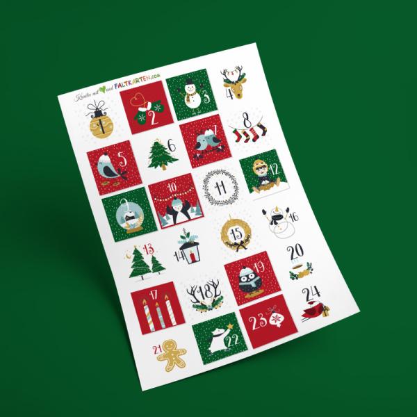 Aufkleber - Sticker 24 Stück "Modern - dunkelgrün weihnachtsrot" 4cm ø | Adventskalender