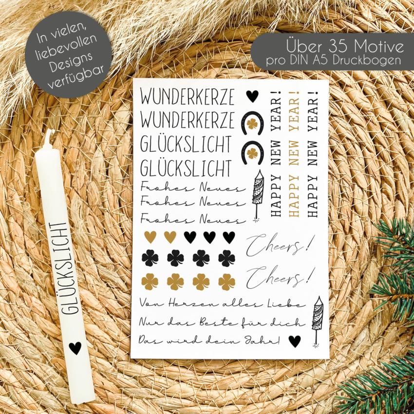 Kerzentattoos "Frohes neues Jahr" DIN A5 | Kerzensticker | Wasserschiebefolie | Kerzenaufkleber