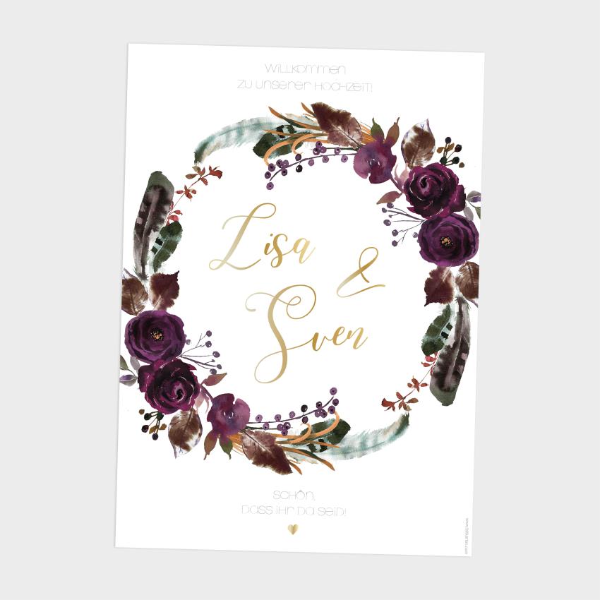 Willkommensschild "Boho Violett-Flower" 30x40 Metallic 