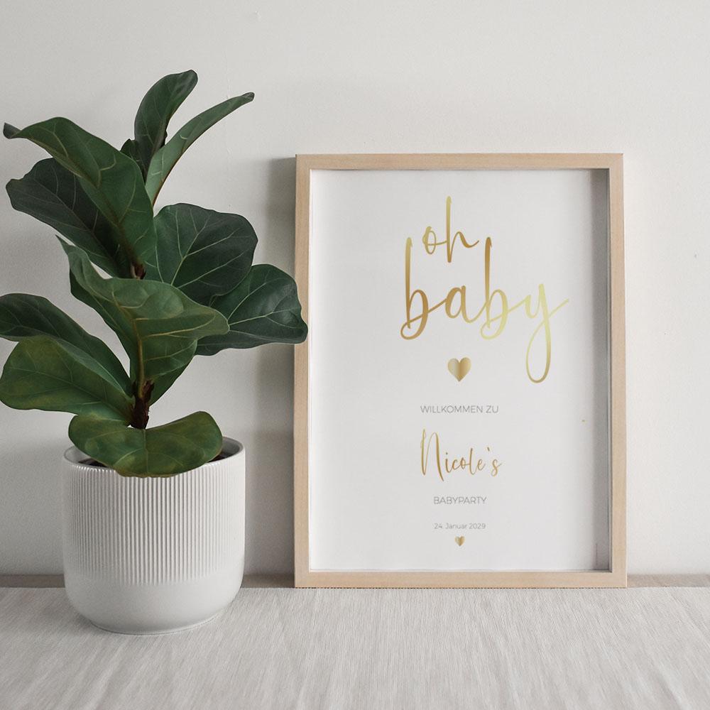 Metallicposter "Babyparty Oh Baby" | Goldposter | Willkommensschild | Personalisiertes Poster 